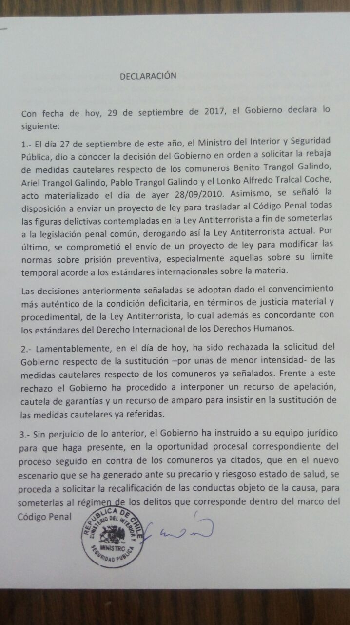 Lee aqui la declaración del Gobierno que retira Ley Antiterrorista a Mapuches en Huelga de Hambre